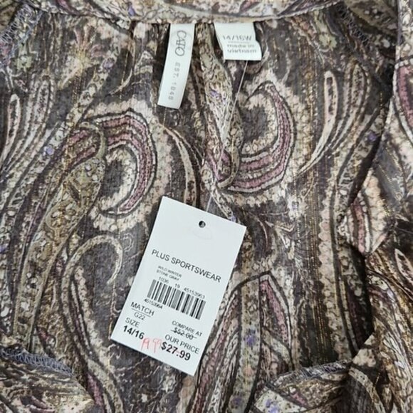 Cato Tunic Women's Size 14/16W Brown Paisley Metallic NWT Ruffles Flutter - Picture 3 of 14